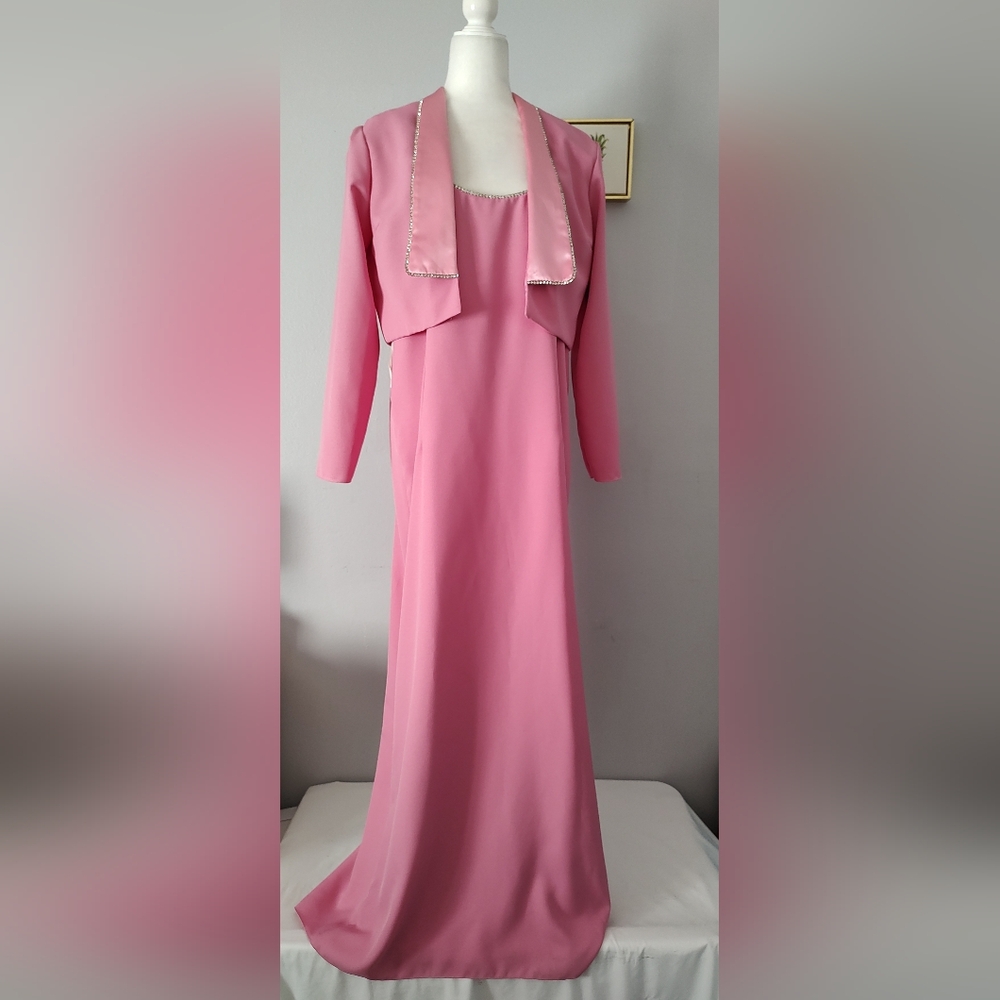 Mother of the Bride dress size 16 pink whit jacket Zipper Satin Lining Polyester